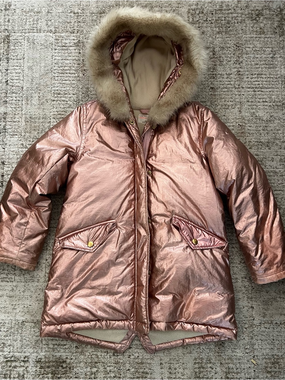 Crewcuts Metallic Rose Gold Hooded Winter Coat with Faux Fur Trim